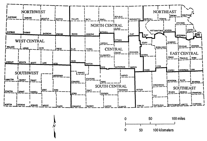 Map of Kansas showing counties in each of the 9 weather reporting zones.