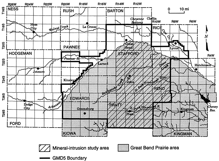 Major features in the region of Big Bend Groundwater Management District (GMD5) and location of the Mineral Intrusion study area.