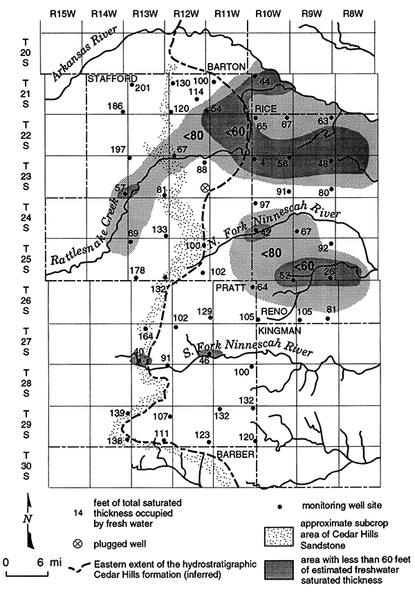 Saturated thickness occupied by fresh water in the Great Bend Prairie aquifer.