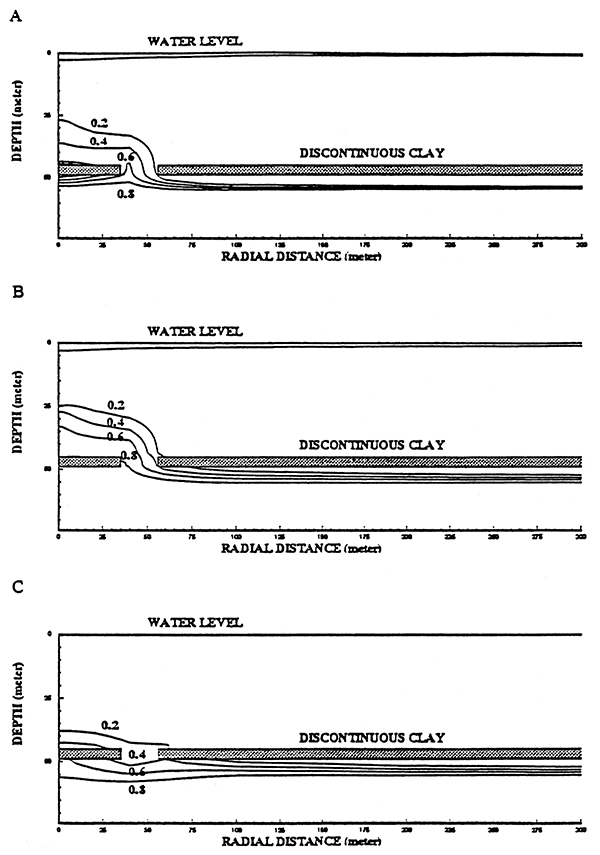 Results obtained by simulating the effects of pumping above a discontinuous clay layer, with an initial sharp salt interface below the clay.