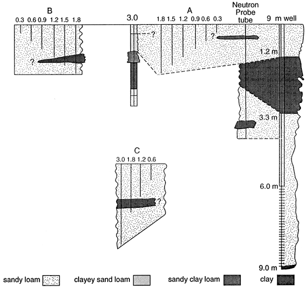 Samples logs show sandy loam, clayey sand loam, sandy clay loam, and clay.