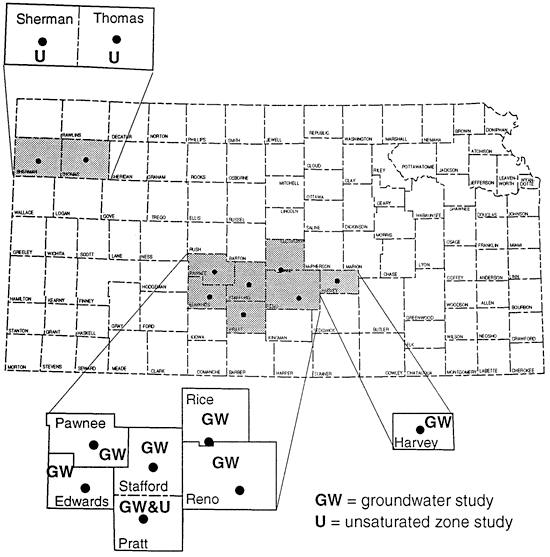 Unsaturated zones studied in Sherman, Tmohmas, and Pratt; groundwater study in Harvey, Rice, Reno, Pratt, Stafford, Pawnee, and Edwards.
