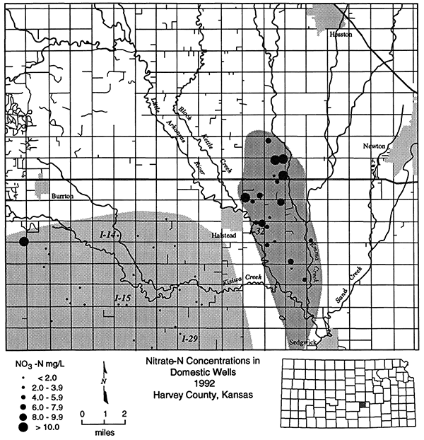 Nitrate-N concentration in domestic wells in Harvey County, Kansas.