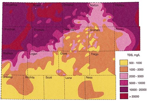 Dakota aquifer Total Dissolved Solids map for northwest Kansas.