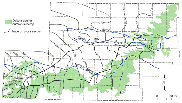 Map of the Dakota aquifer outcrop showing traces of the northern and southern vertical profiles.