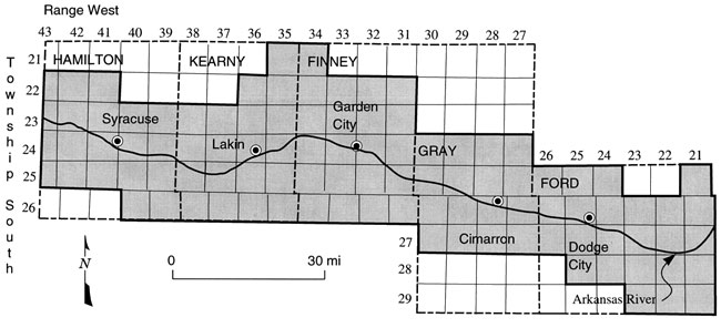 Study area follows Ark River from Hamilton, Kearny, Finney, Gray, and Ford counties.