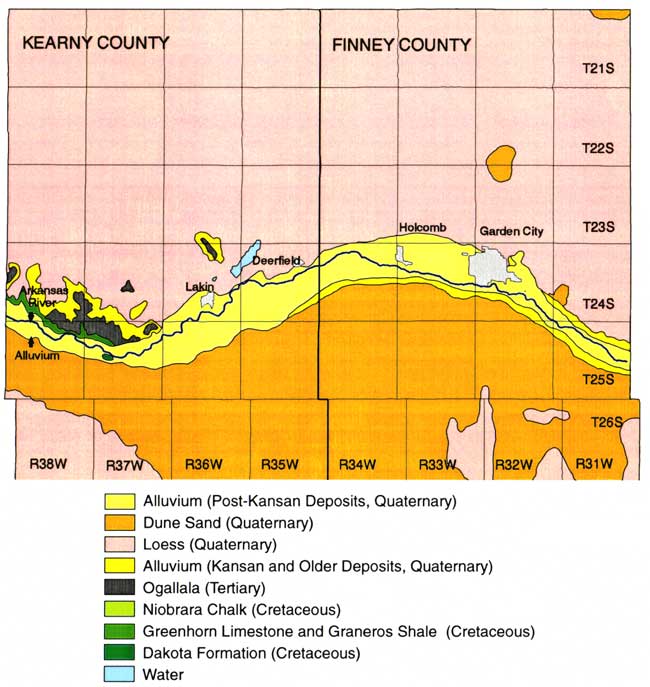 Recent Alluvium follows river course; loess covers most of area north of river; dune sand covers most of area south of river; Ogallala outcrops in western Kearny.