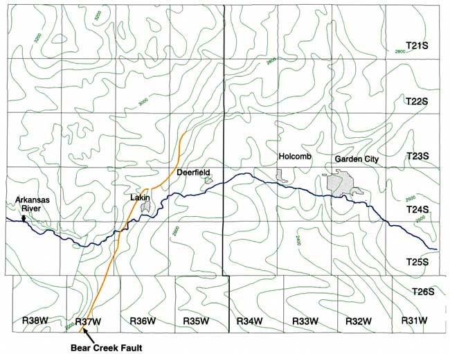 Elevations of 3200 at far NW Kearny, dropping to 2300 in SE Finney.