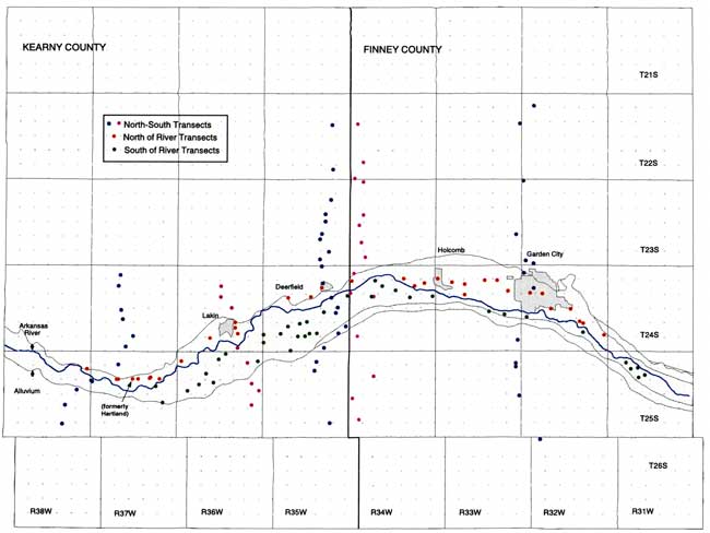 Transects located along river to north and south; N-S transects through Garden City, in R34W and R35W, through Lakin, and west of former town of Hartland.