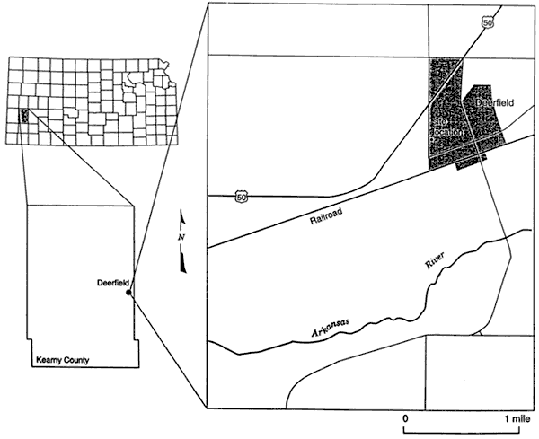 Deerfield is in far east-central Kearny County, in southwest Kansas.