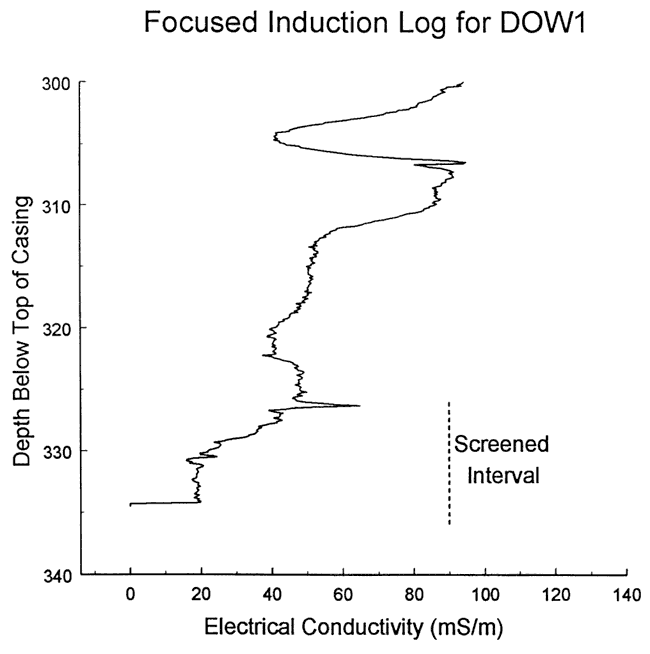 Low conductivity zone near 305 far above screen; gradual drop in conductivity from 307 to 335.