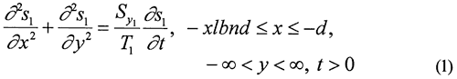 For the aquifer opposite the stream, Second derivative of drawdown with respect to x added to that with respect to y equals (the ratio of specific yield to transmissivity) times the change in drawdown over time.