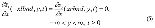 Change in drawdown at the x boundaries is zero for all times; x is width of stream, aquifer system.