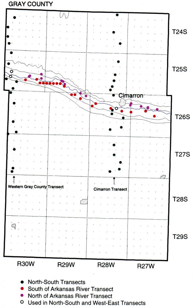 Samples in Gray County along river and in two North-South lines, one in R30W and one in R28W.
