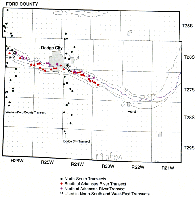 Samples in Ford County along river west of R23W and in two North-South lines, one in R26W and one in R24W.