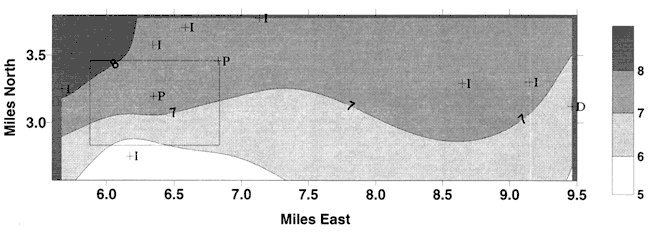 Values of 8 or above to NW of Pretty Prairie; values of 6-8 in large E-W band through the city.