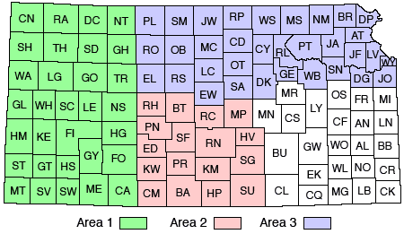 Area 1 is western counties from Clark-Norton and west; Area 2 is south-central from Rush-McPherson and south; Area 3 is north-central and north-east, Phillips-Rooks-Ellis east to Missouri.