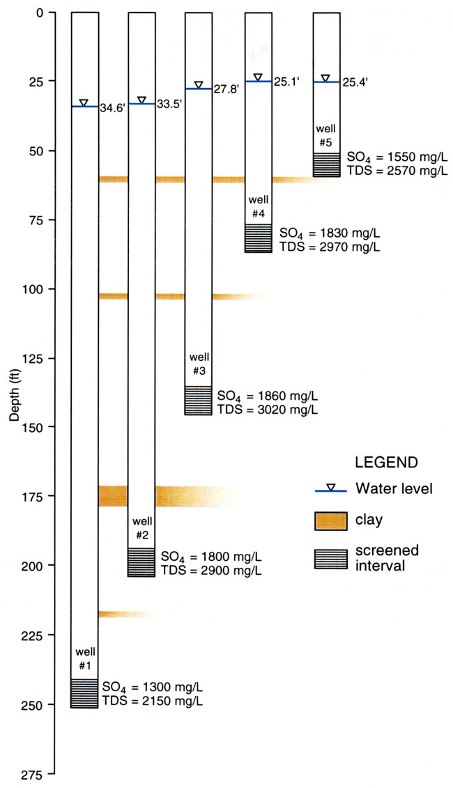 Five wells range from 250 to 60 feet deep; SO4 highest in middle depths (1800-1860 mg/L), lowest at top (1550 mg/L) and bottom (1300 mg/L); TSDS value show same pattern.