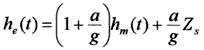 Experimentally measured head equals the model head times (1 plus the ratio of the acceleration of the water column and gravity) plus the depth of the transducer times the water column-gravity ratio.