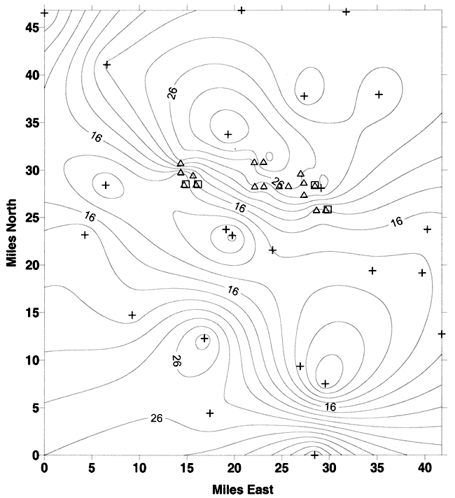 Deepest values are 26 feet in north and south and near western two Wichita wells; other two wells are less affected by irrigation pumping.