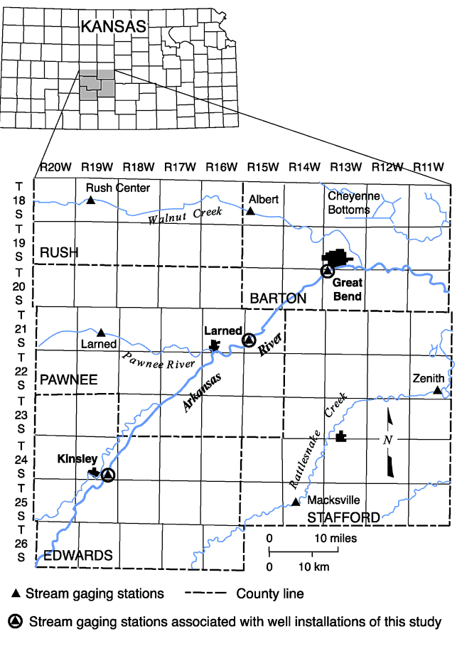 Wells placed near gaging stations at Kinsley, Larned, and Great Bend along Ark River.