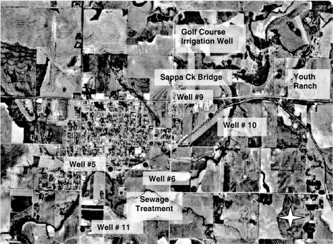 Black and white aerial photo; wells generally located along Sappa Creek south of Oberlin.