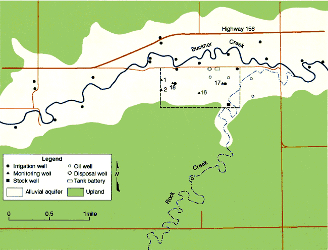 Buckner Creek runs south of Hwy. 156. Study area in alluvial aquifer. Rock Creek comes in from south, enters Buckner east of study area.