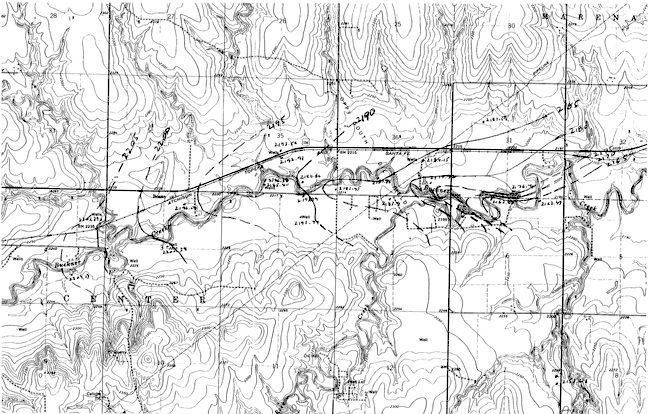 Water-table elevations range from 2165 in east to 2205 in west, with contours pointing upstream.