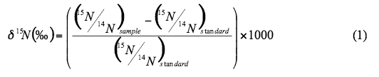 The change in nitrogen-15 values is the difference between the 15 to 14 ratios of the sample and the standard, divided by the standard.