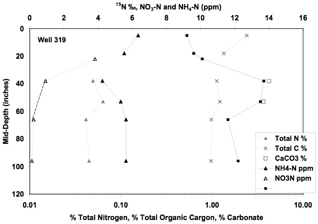 NH4-N at 5-6 ppm for most of profile; NO3-N at 4 ppm around 20 in. then drops to almost 0 for deeper zones. 