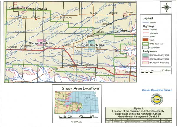 Sheridan study area is just west of Hoxie; Sherman study area is between Goodland and Colby.