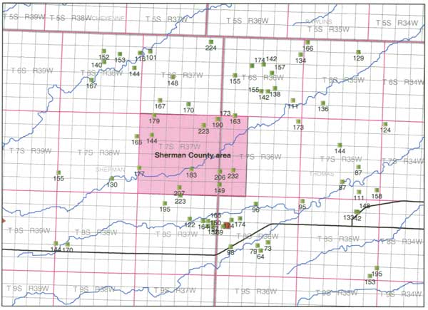 Map with point locations; highs of 223 and 232 in study area; lows of 87 are two townships to East.