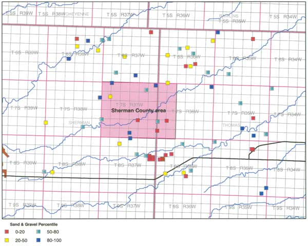 Map with point locations; set of low percentiles south of study area, otherwise somewhat scattered.