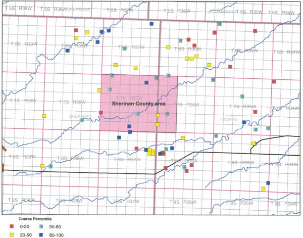 Map with point locations; very scattered distribution, though study area is deficient in low percentile category.