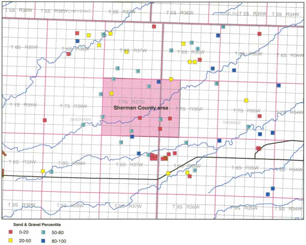 Map with point locations; set of low percentiles south of study area, otherwise somewhat scattered.