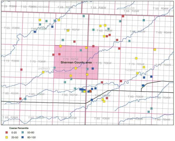 Map with point locations; all percentiles found in study area; set of high value points south of study area; otherwise scattered.