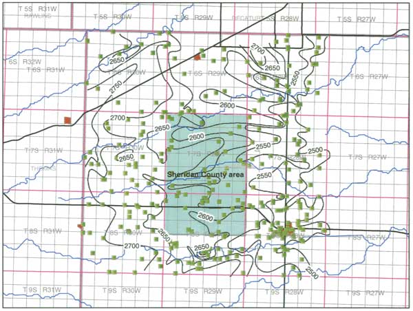 Countours are very sinuous; 2500 at eastern edge and 2750 on west.