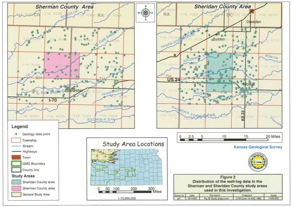 Points are scattered around both study areas; concentration south of Sherman area near Brewster; concentration southeast of Sheridan area near Hoxie.