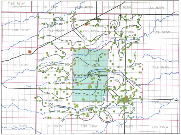 Contour map; thickness ranges from 100 to 250.