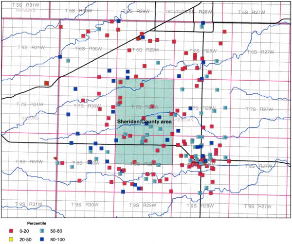 Mostly 0-20% or 50-80% in study area; no 20-50 points on map; most 80-100% points are outside of study area.