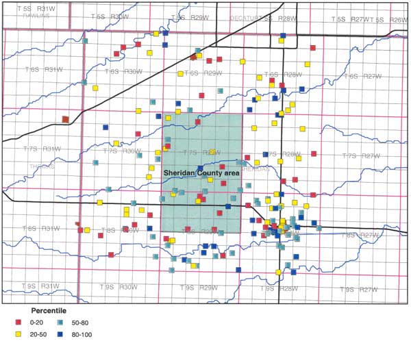 Few 80-100% points in study area; many 20-50% points on map; most 80-100% points are outside of study area on east side of county.
