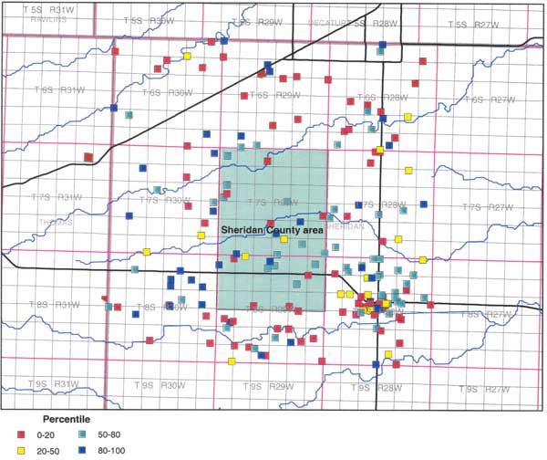 All percentiles found in study area; no obvious trend of points on map.