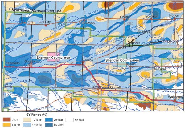 Color contoured specific yield map; highest values in SE Sherman and SW Thomas; low values along Nebraska border.