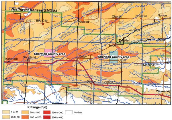 Color contoured hydraulic conductivity map; highest values in east-west bands through Sherman and Thomas counties and ending in Sheridan County.