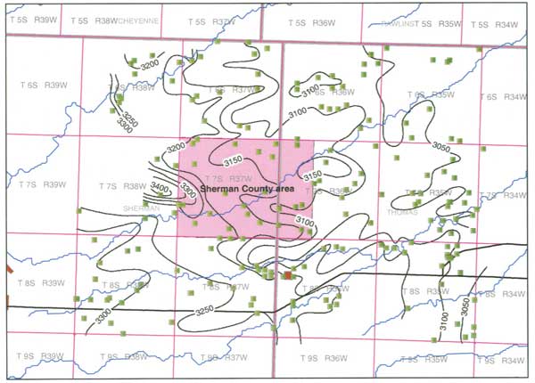 Elevations at 3300 on West and Southwest sides; 3050 on East side; 3100 contour goes from SE to NW corners.