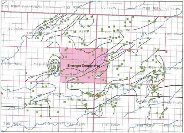 Thickness ranges from 300 in NW to 150 in SE.