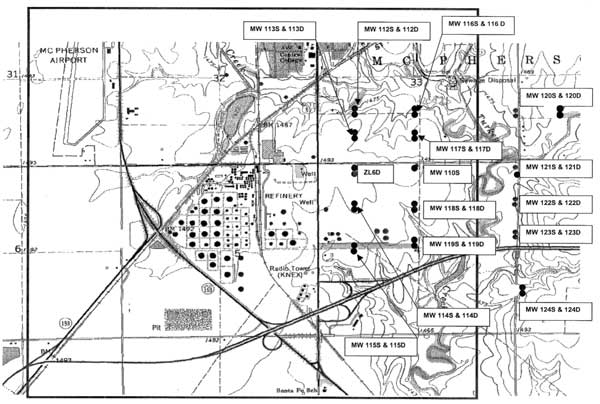 Many wells drilled within 1.5 miles East of the refinery; often a deep and a shallow well at the same location.