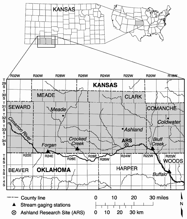 Map shows location on Seward, Meade, Clark, and Comanche counties in southwest Kansas, just north of Oklahoma. Cimarron River flows along southern sides of counties.