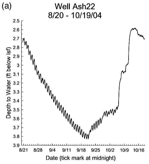 Chart of water-level fluctuations in area of vigorous salt cedar growth; strong cyclical daily variations.