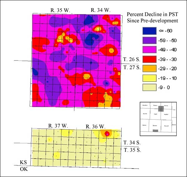 Since pre-development, declines are greater then 30 feet in most of Four Corners; one spot in SE Stevens is 30 feet, but most is less than 9 feet.